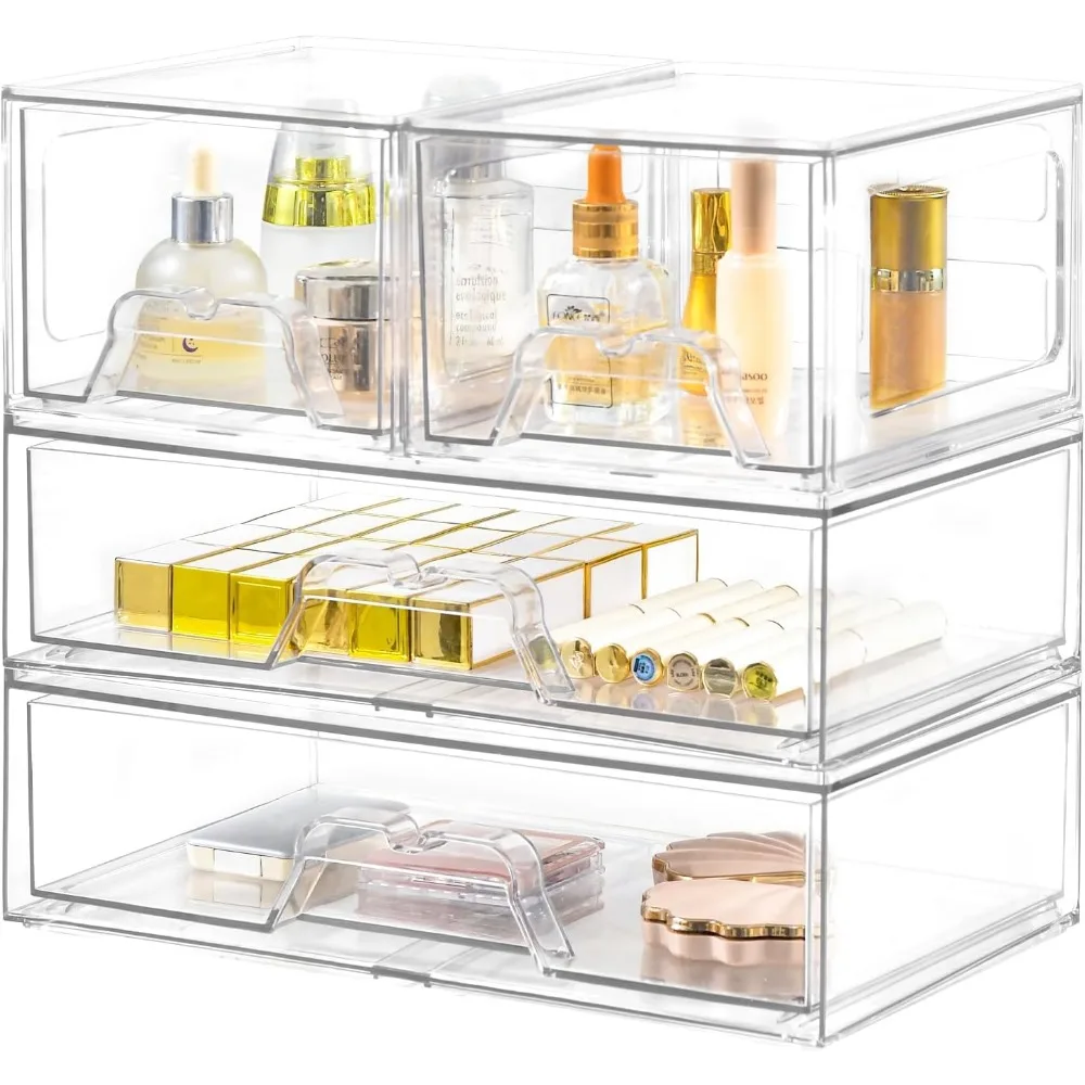 

Four Stackable Clear Drawer Organizers for Vanity Bathroom Cabinet Pantry Storage
