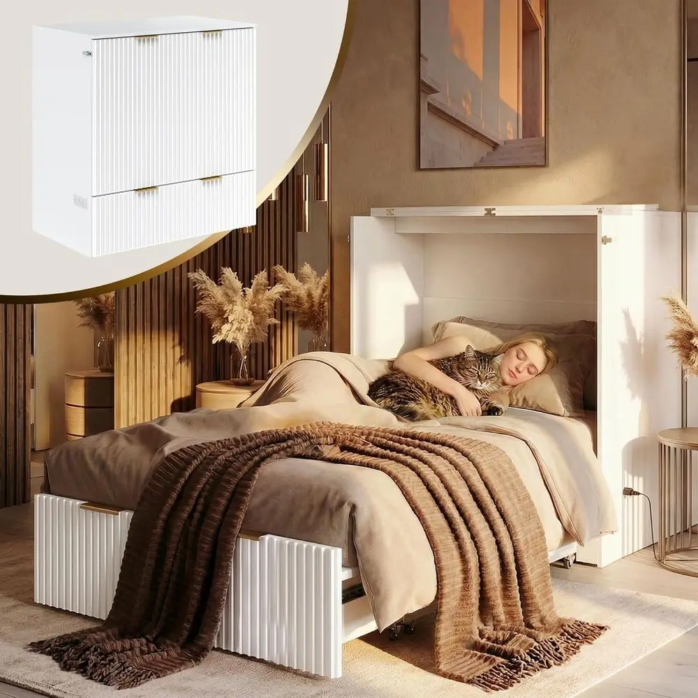 

White Twin-Size Murphy Bed with Luted Wood Cabinet, Storage Drawers, and Charging Station for Bedroom, Office, or Guest Room