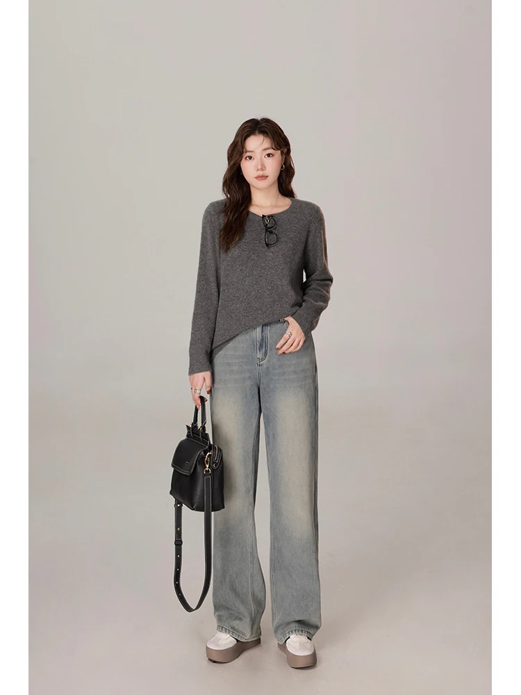 

plus Size Women's Fce Lined Straight Leg Jeans High Waist Korean Sle Vintage Look Winter Faion Ladies' Premium Denim