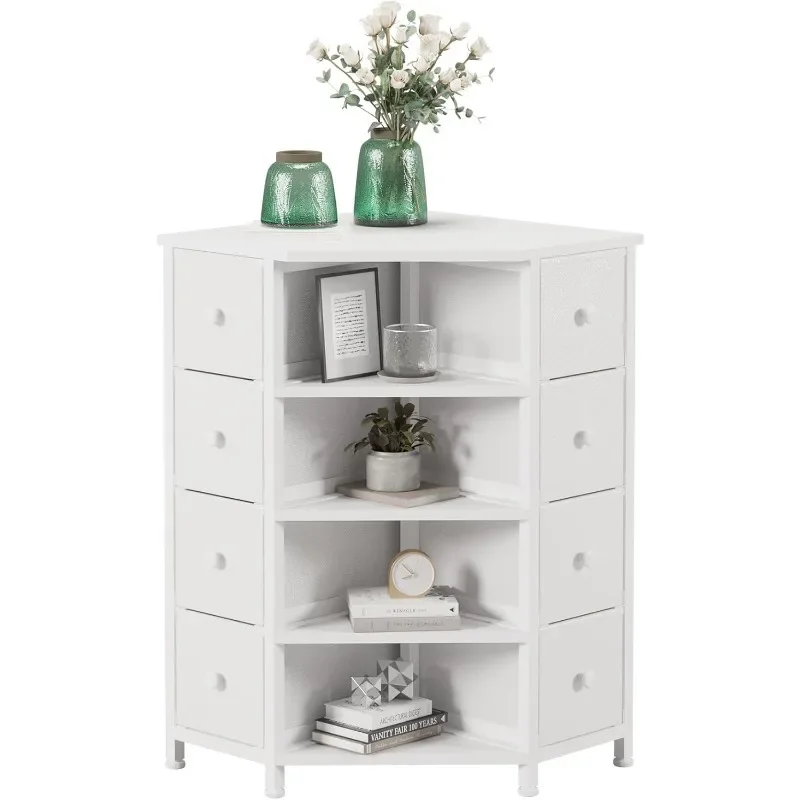 8-Drawer Corner Dresser with Wooden Top and Shelves (White)