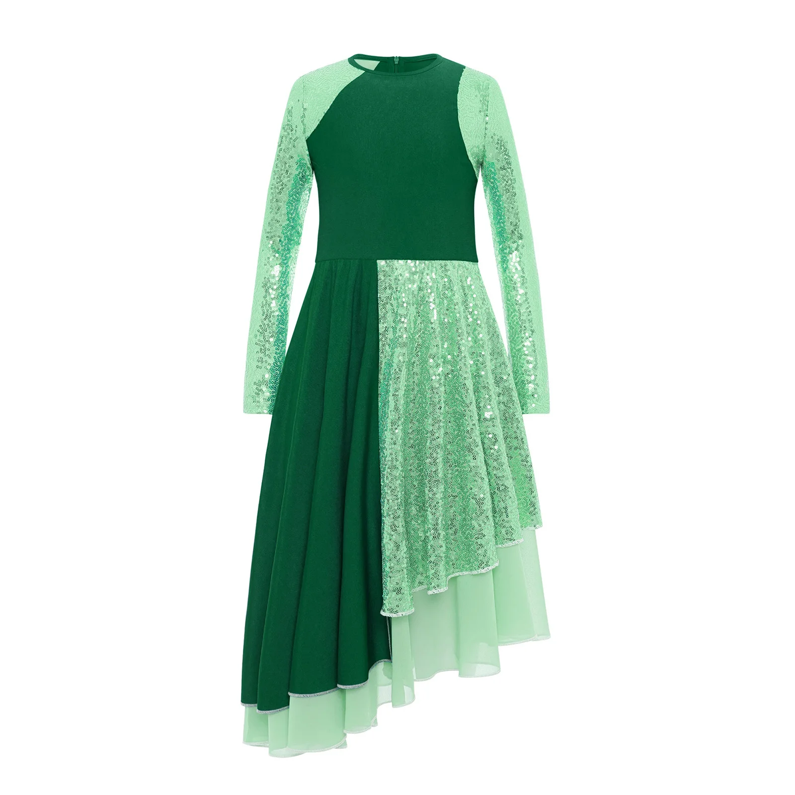 

Girls Sparkly Sequin Long Sleeve Praise Dress Dance Skating Invisible Zipper Irregular Worship Robe Liturgical Lyrical Dancewear