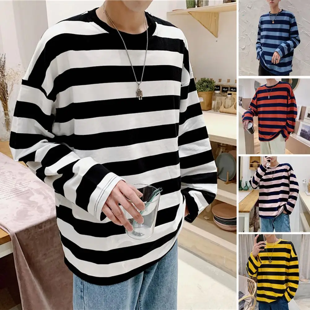 Men Cotton Purple Striped Tops Slim Fit t shirt Harajuku Tshirt Summer Long Sleeve Korean Feminina oversized t shirt