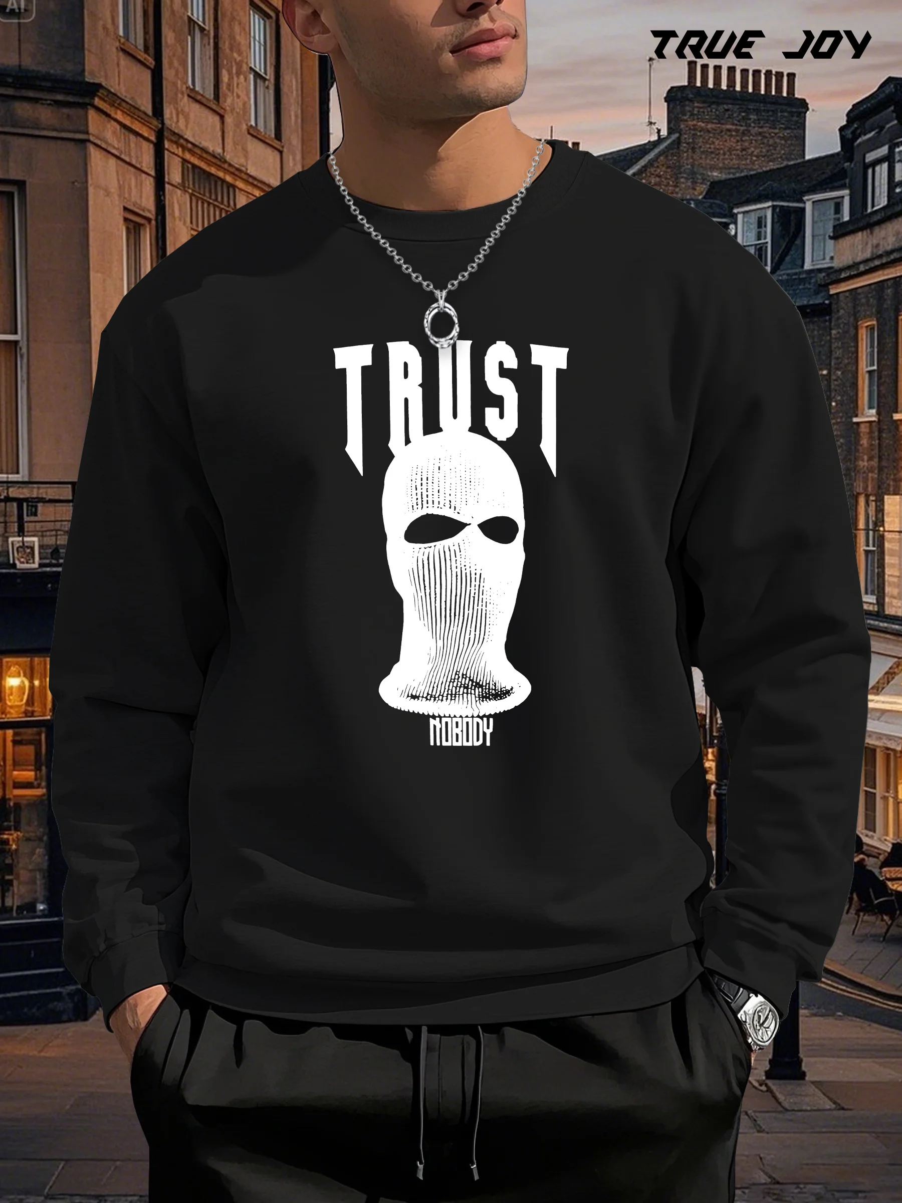 سويت شيرت كاجوال بطبعة جرافيك للرجال - تصميم قناع "TRUST NOBODY"، فضفاض بأكمام طويلة ورقبة دائرية #1