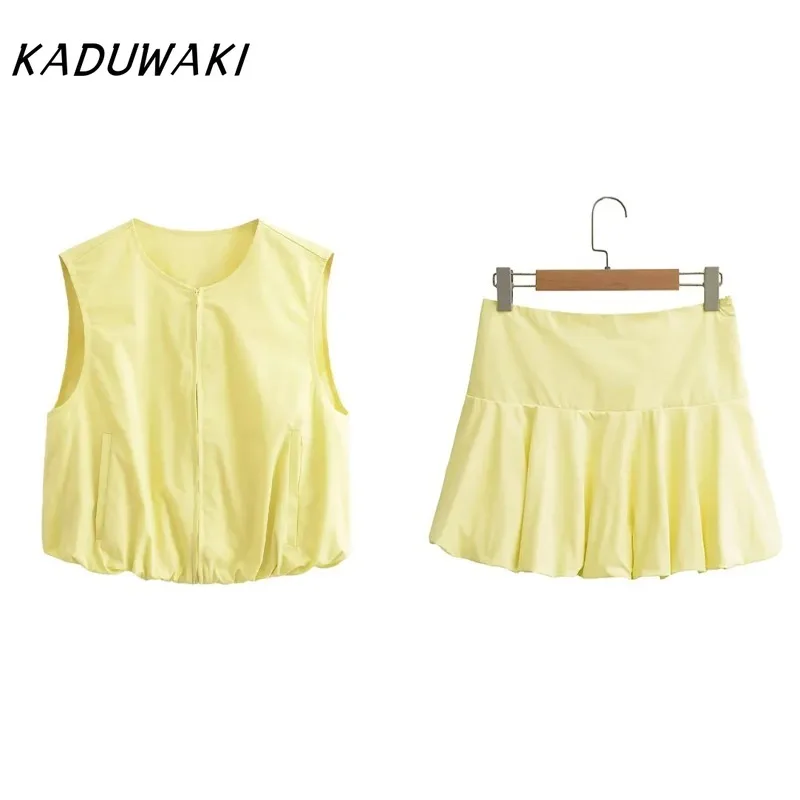 

KADUWAKI Casual Summer New Product Women's Fashion Solid Color Zipper Sleeveless Jacket Vest High Waist Skirt 2-piece Set Платья