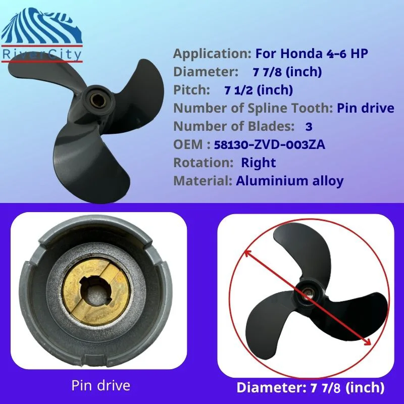 For Honda Outboard Propeller 7 7/8×7 1/2 Aluminum Alloy Screw 3 Blade Pin drive Part for 4 HP 5 HP 6HP Boat Motors