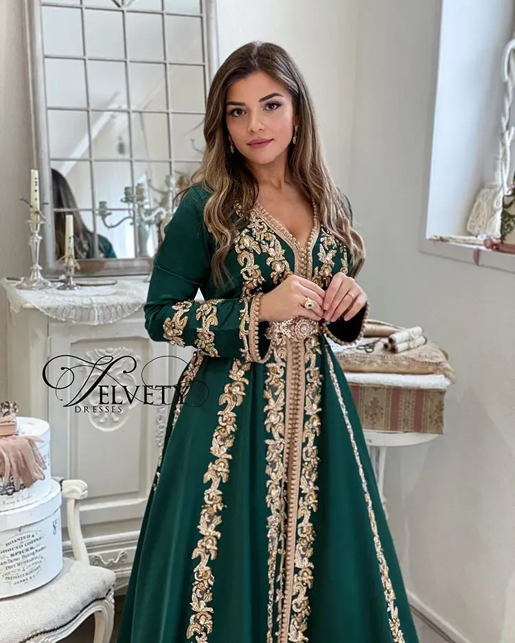 Teal Moroccan Kaftan Muslim Evening Dresses A-line V-neck Long Sleeves Appliques Dubai Arabic Turkey Caftan Islamic Gown