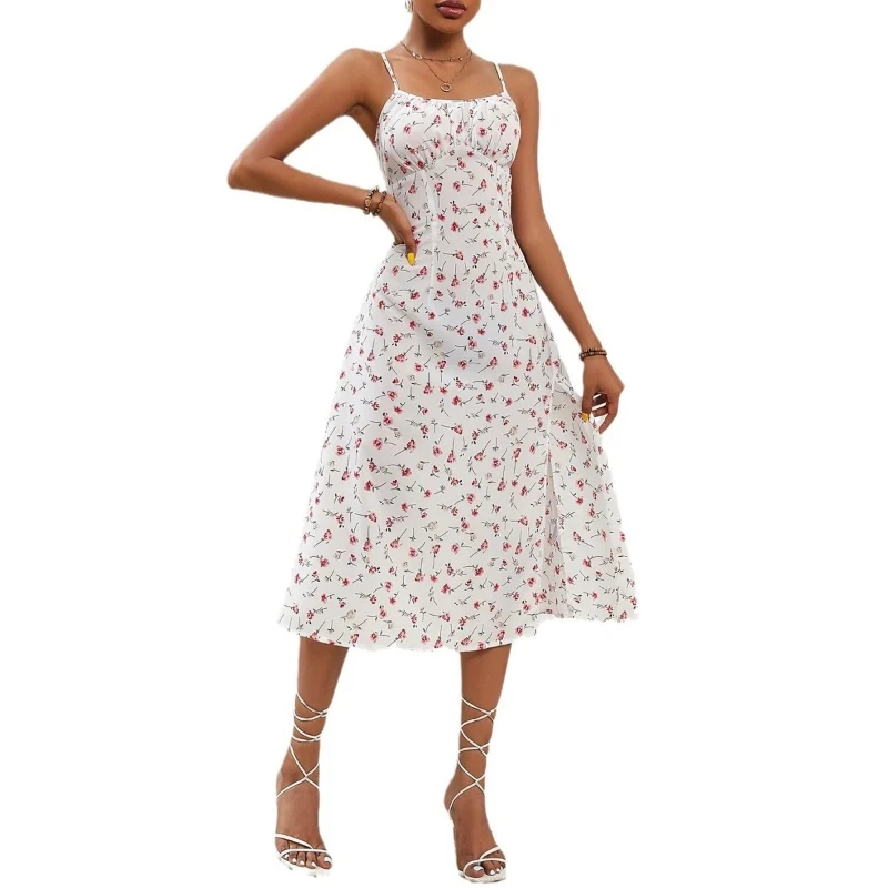 Sexy slipjurk met bloemenprint, off-shoulder, zomerse nieuwe trend, slanke, all-match midi-jurk, vintage mode dameskleding