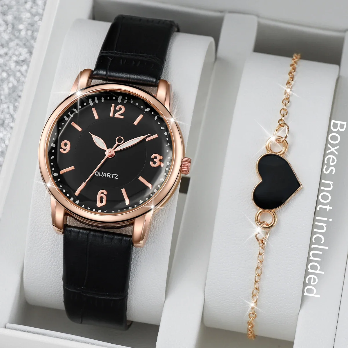 ABCMulheres Casual Relógio de Quartzo Mostrador Árabe, Pulseira de Couro, Conjunto de Pulseira Coração sem Caixa, 2 peças