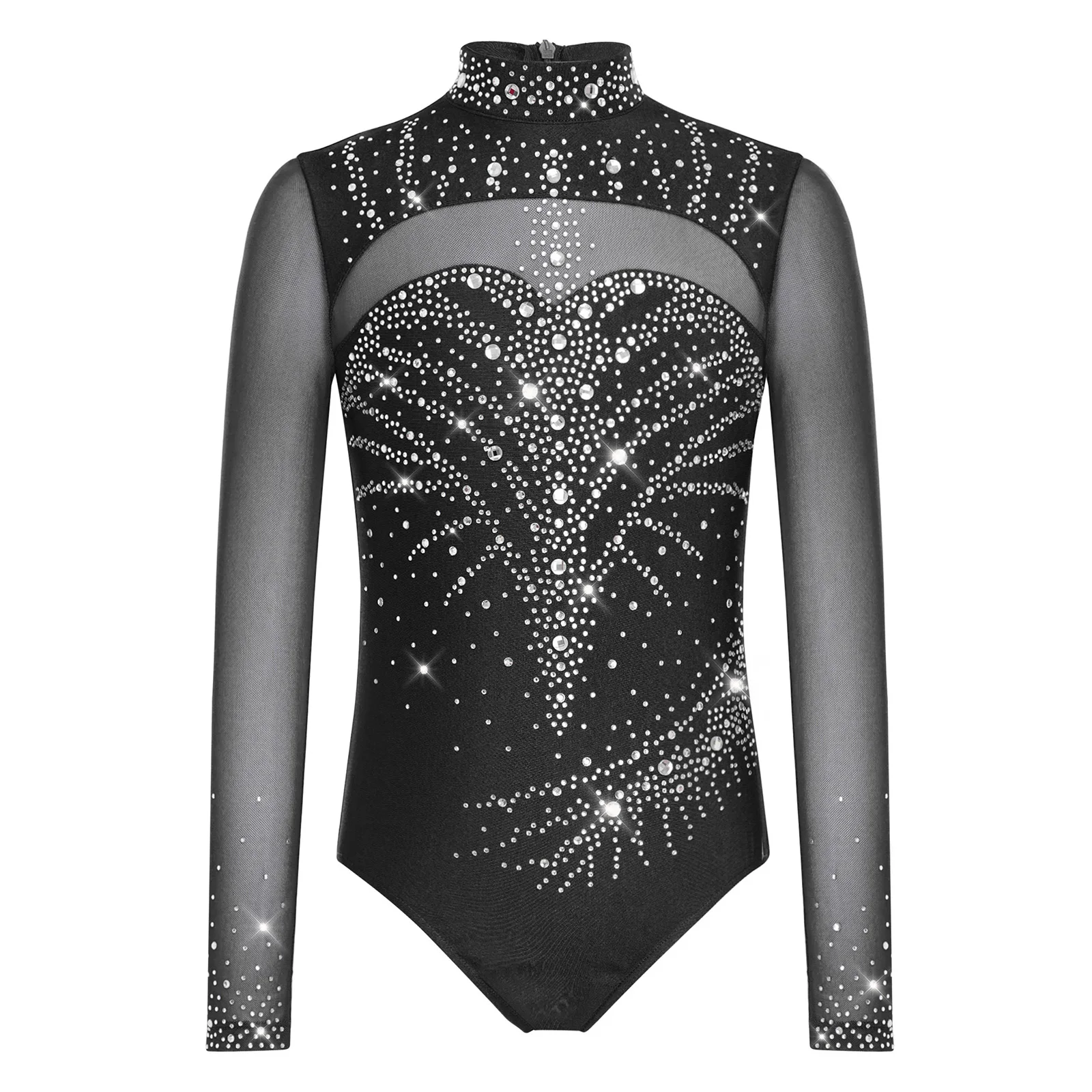 

Детский гимнастический купальник для девочек, для художественной гимнастики и фигурного катания, с длинным рукавом, на молнии, с сетчатыми вставками и стразами