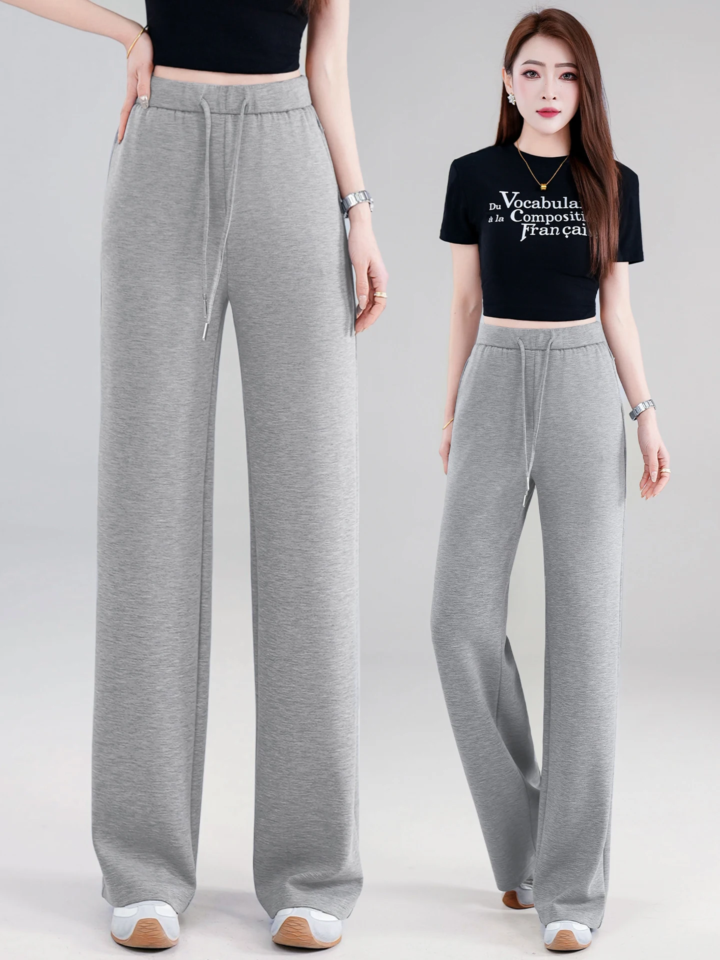 

Grey High Waist Loose Casual Wide Leg Sports Pants Women's Spring Summer New Style Loose Drapey Straight Leg Sweatpants