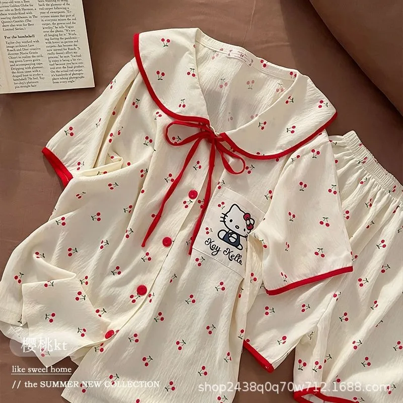 

New 2025 Hello Kitty Summer Pajamas Set Women's Short Sleeve T-Shirt & Shorts Cherry Red Bow Tie Sleepwear Kawaii Nightwear Gift