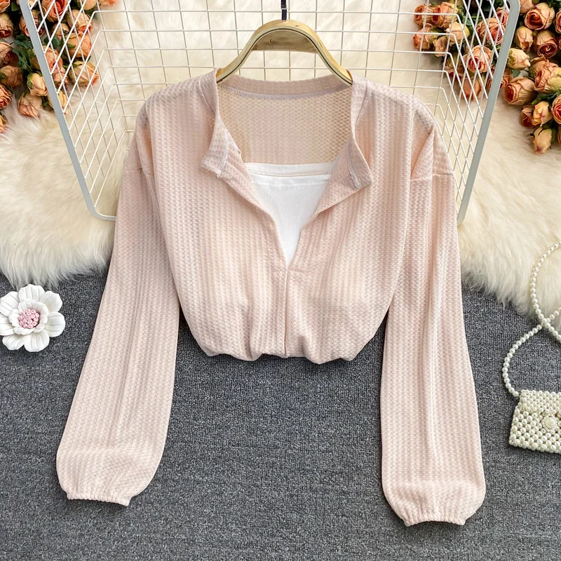 2023 Autumn New Korean Style Fake Two Pieces Shirts Women Solid Color V-neck Puff Sleeve Short Blouses Basics Tops