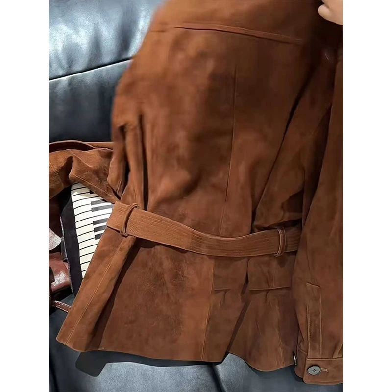 Women Loose Reddish Brown Belt Jacket Turn Down Collar Single Breasted Multi Pocket Retro Outerwear For Office & Party Cozy Gift