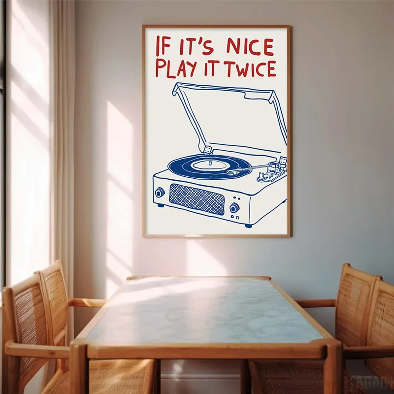 If It's Nice Play It Twice Print Wall Art Posters Vintage Blue Music Record Player Canvas Painting for Living Room Home Decor