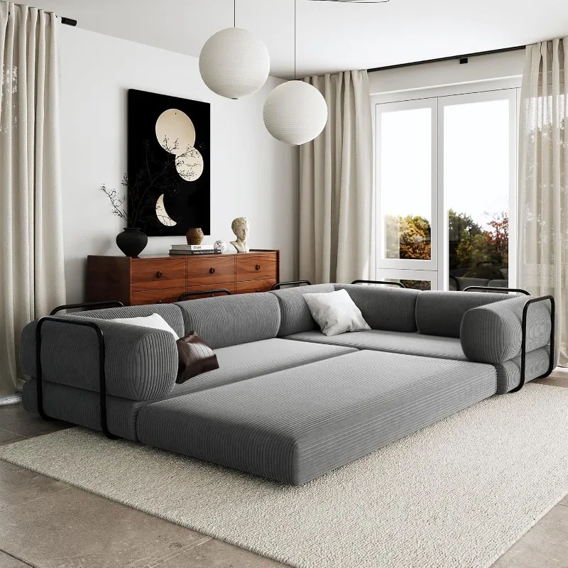 

115'' Cloud Couch with L-Shaped, 4-in-1 Deep Seat Corduroy Convertible Modular Sectional Sofa,Upholstered Comfy Memory Foam Bone