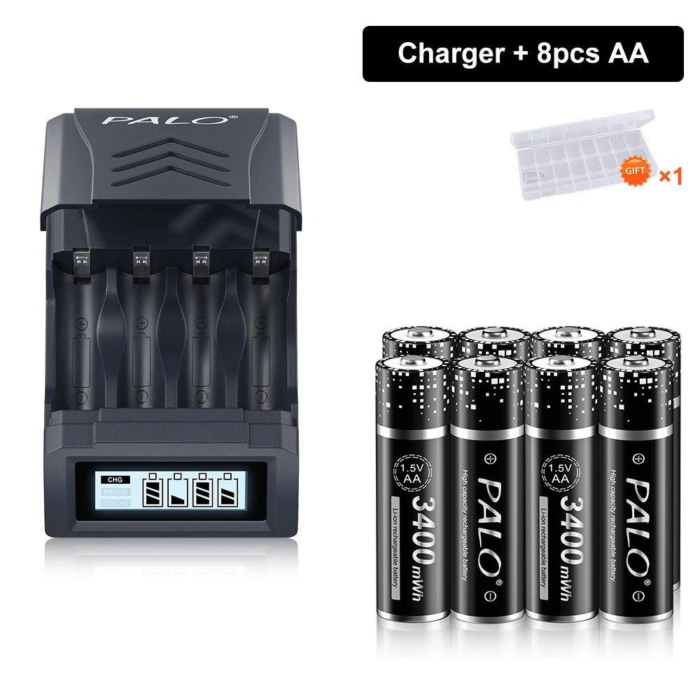 

PALO 340mWh 1.5V AA Li-ion Rechargeable Battery AA 2A Lithium Batteries With 4 Slots LCD USB 1.5V 1.2V AA AAA Fast Charger