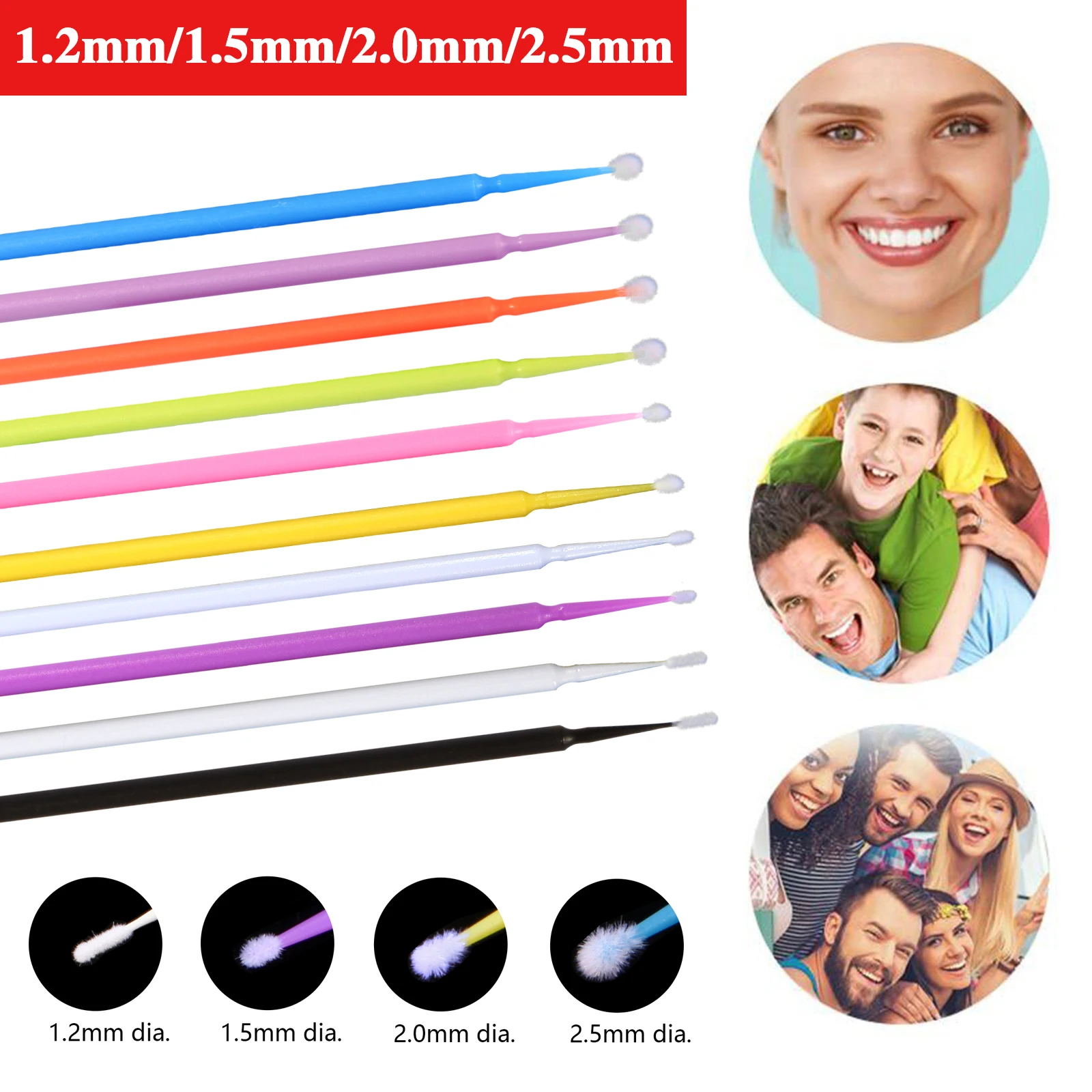 100Pcs Dental Swabs Disposable Applicator Micro Brush Stick Oral Regular Fine Ultrafine S M L Mini Colors 2.5MM/2MM/1.5MM/1.2MM