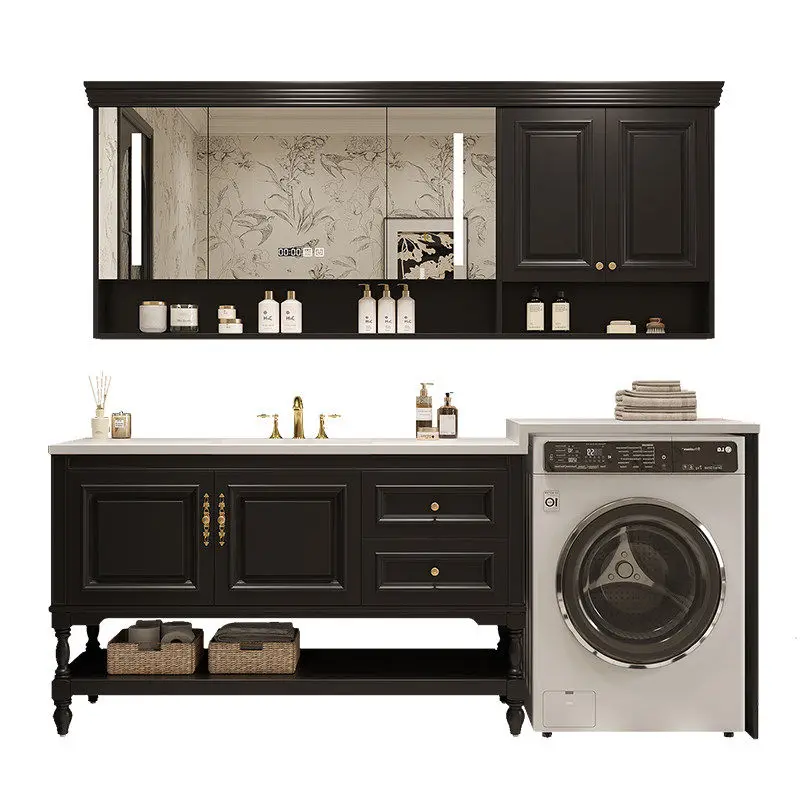 

Комплект мебели для ванной в американском ретро-стиле из дуба с гранитной раковиной и умывальником из гнутого стекла