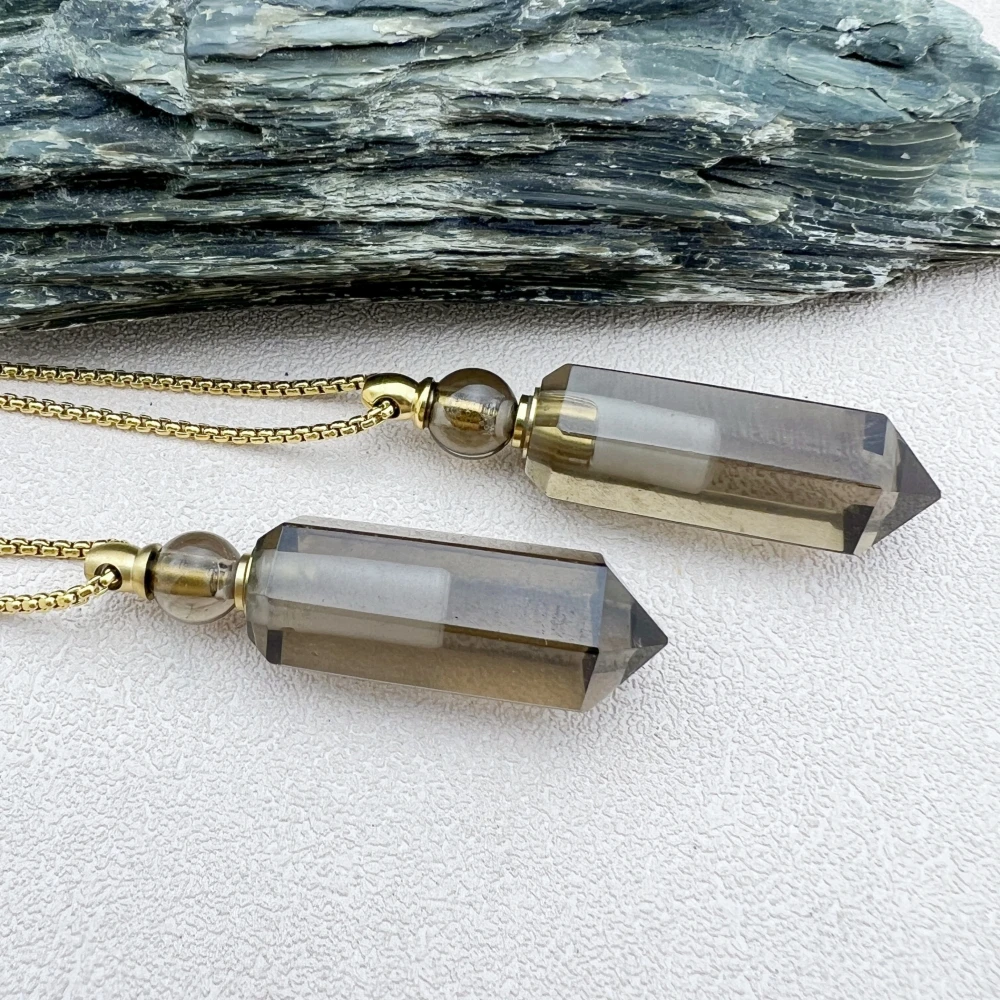 2PCS Natural Smoky Quartz Crystal Hexagonal Point Perfume Bottle Pendant Necklace For Women Essential Oil Vial Jewelry MY231089