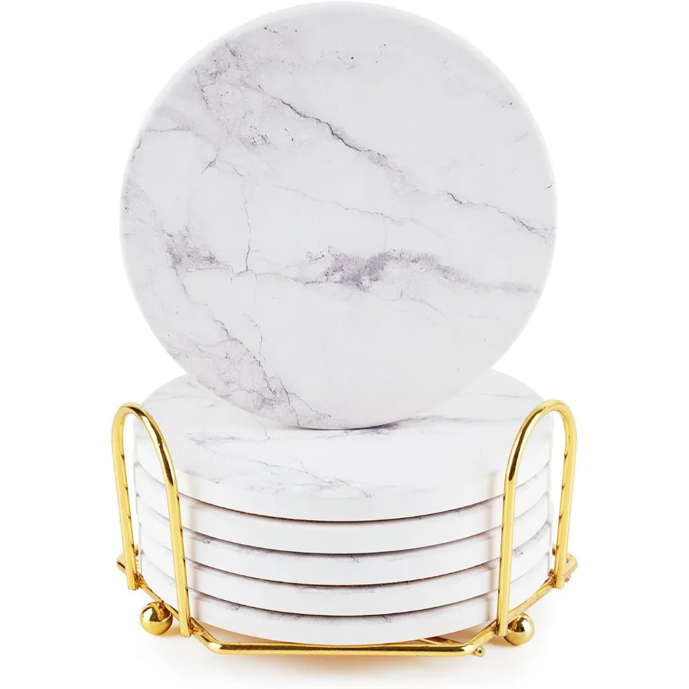 

White Marble Coaster Set With Holder, Marble Coasters Absorbent With Holder,Wine Beer Bar Coasters Set Of 6