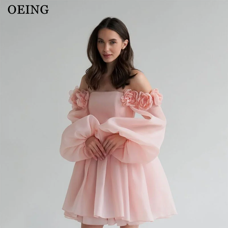 

OEING A-Line Light Pink Prom Dress Flowers Pleats Off The Shoulder Party Gowns Mini Short Organza Dress 2025 Customized