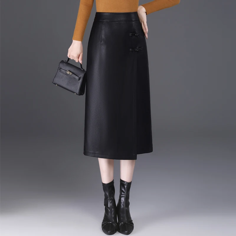 

ZUZK Women New PU Leather Skirts Autumn Winter Slit Elastic Waist Straight Skirt Fashion PU Skirt Bodycon Skirt