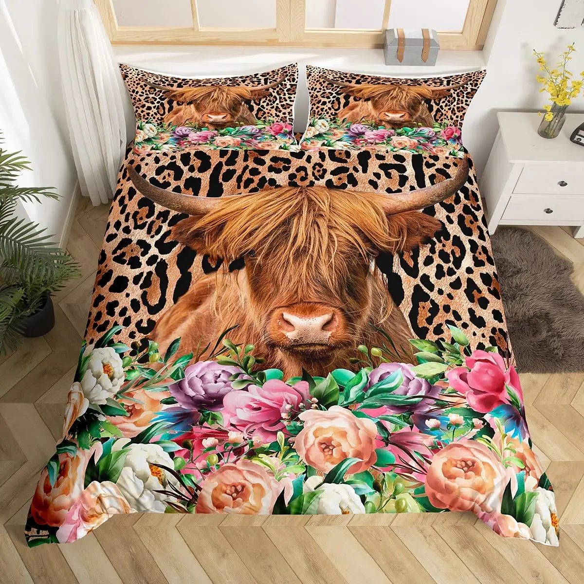 Highland Cow Comforter Cover Queen Farmhouse Animal Milk Bedding Set Microfiber Cute Cow Duvet Cover Wildlife Animal Quilt Cover