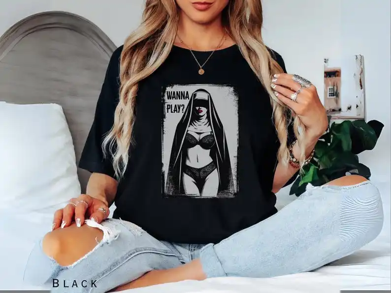 

Wanna Play Tshirt, Gothic Retro Graphic Tee, Alternative Fashion T-Shirt, Dark Art Unisex Top, Edgy Statement