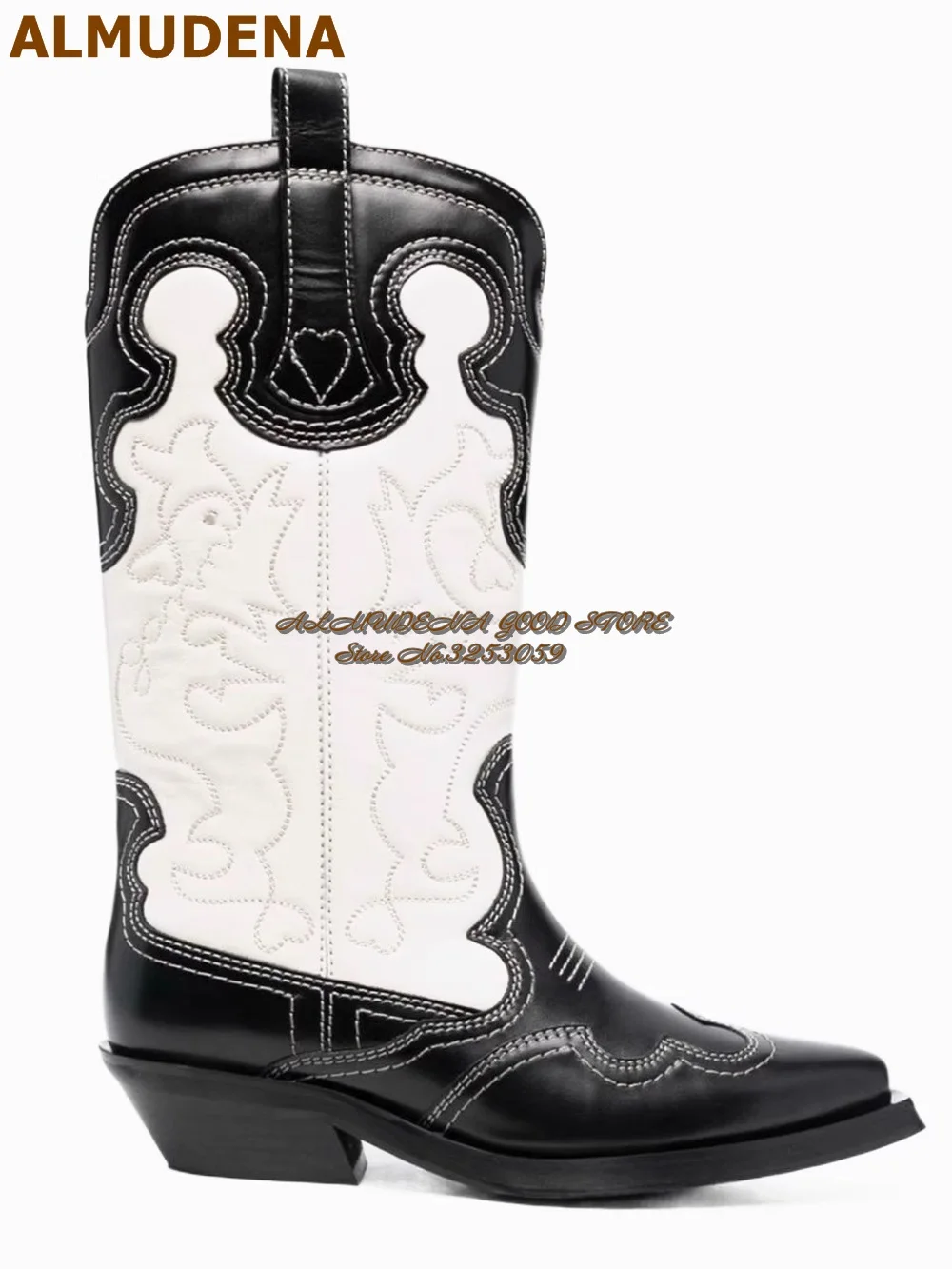 

ALMUDENA White Black Brown Horseshoe Heel Middle Boots Embroidery Sewed Cowboy Knight Boots Chunky Heels Mid-Calf Outdoor Shoes