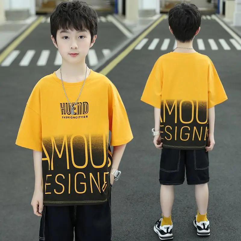 

Summer Boys Cotton Contrast Alphabet t-Shirt Tops+Denim Shorts Pant School Kids Tracksuit Child 2PCS Outfit Workout Set 5-16 Yrs