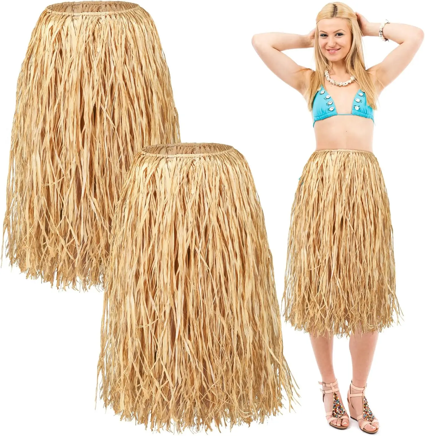 2/4/6PCS Natural Raffia Table Skirt Luau Hawaiian Skirt Table Grass Beach Fringe Decoration for Tropical Birthday Party Tiki Bar