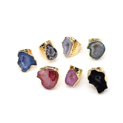 Natural Geode Stone Agate Slices Wide Open Ring for Women Boho Resizable Finger Irregular Crystal Rings Jewelry