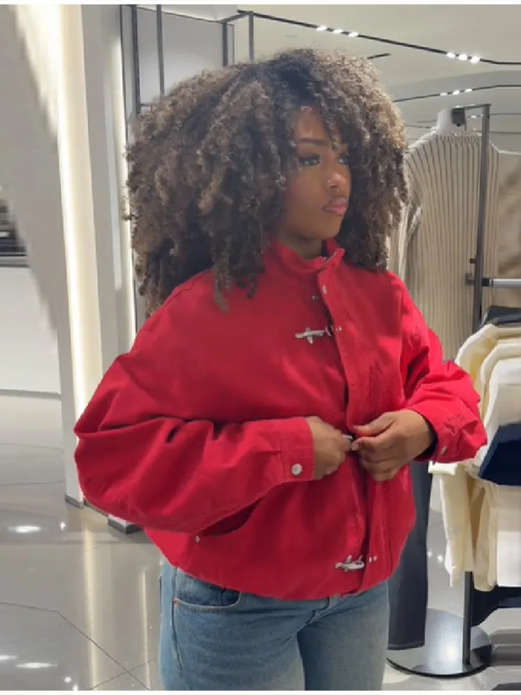 

Vibrant Cropped Jacket Red Toggle Button Coats Women Playful Stylish Chic Vintage Casual Fashion Street Outfits