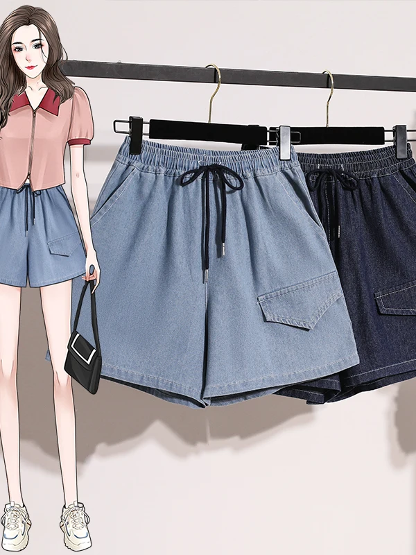 

Summer High Waist Drawstring Denim Shorts Women's Thin Loose Wide Leg Pants Casual Style Cotton Material No Stretch Elastic
