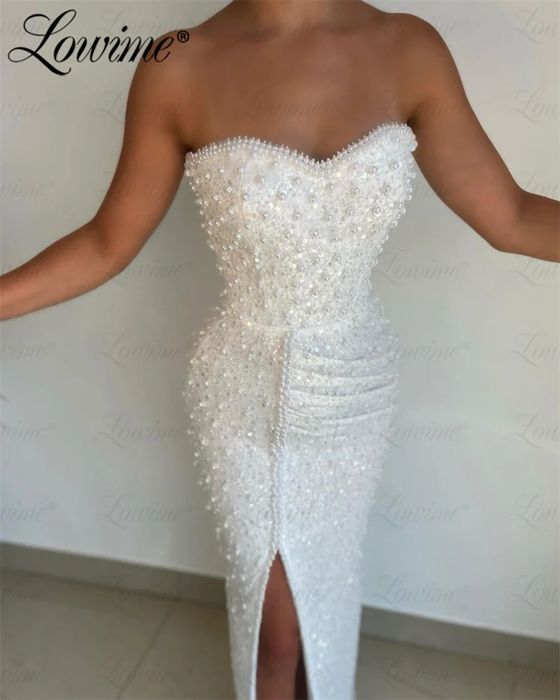 White Beaded Pearl Party Dress Robe De Soirée 2023 Straight Floor Length Haute Couture Evening Gowns Sweetheart Split Prom Dress