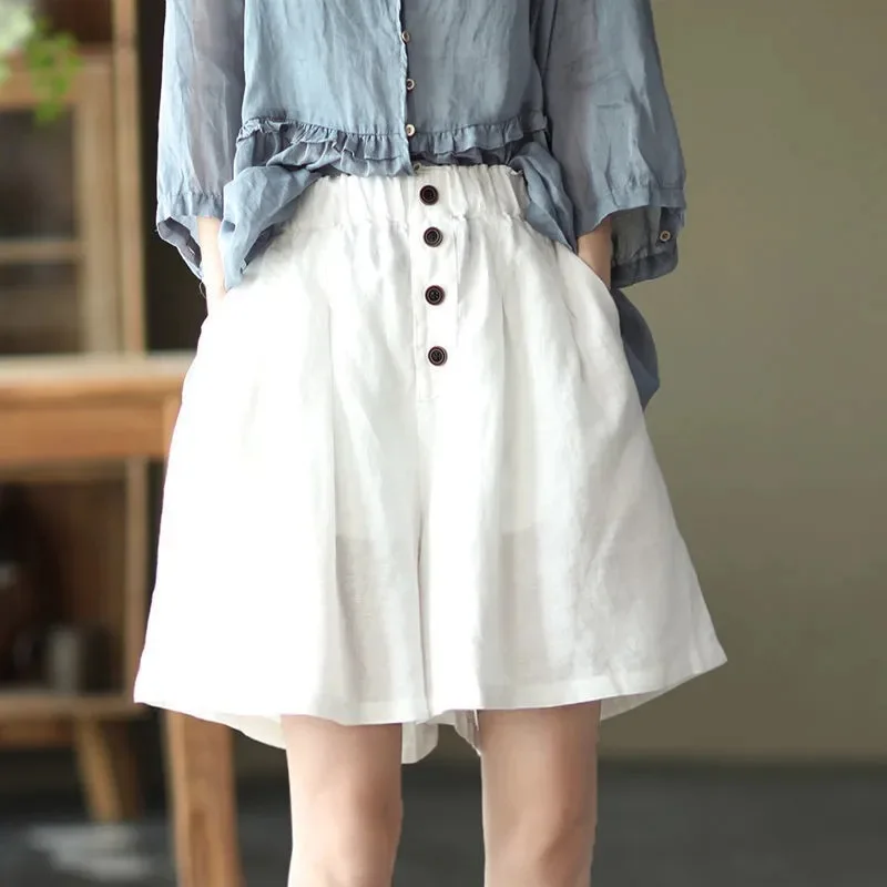 Summer New Women Vintage Cotton and Linen Solid Color Casual Loose Large Size Pure Cotton All-match Wide Legs Multicolor Shorts