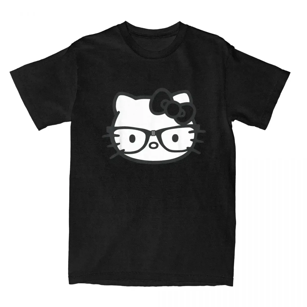 Hello Kitty Black And White Nerd Glasses T Shirts Men Women\'s Pure Cotton Male T-Shirt Crewneck Tees Short Sleeve Tops Printed