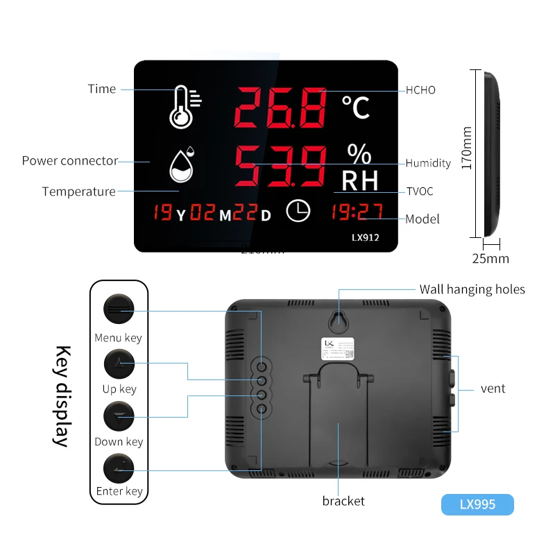 Wall-Mounted Thermohygrometer High-Temp Probe USB Powered LED Display OEM Customizable Factory Outdoor Use Temperature