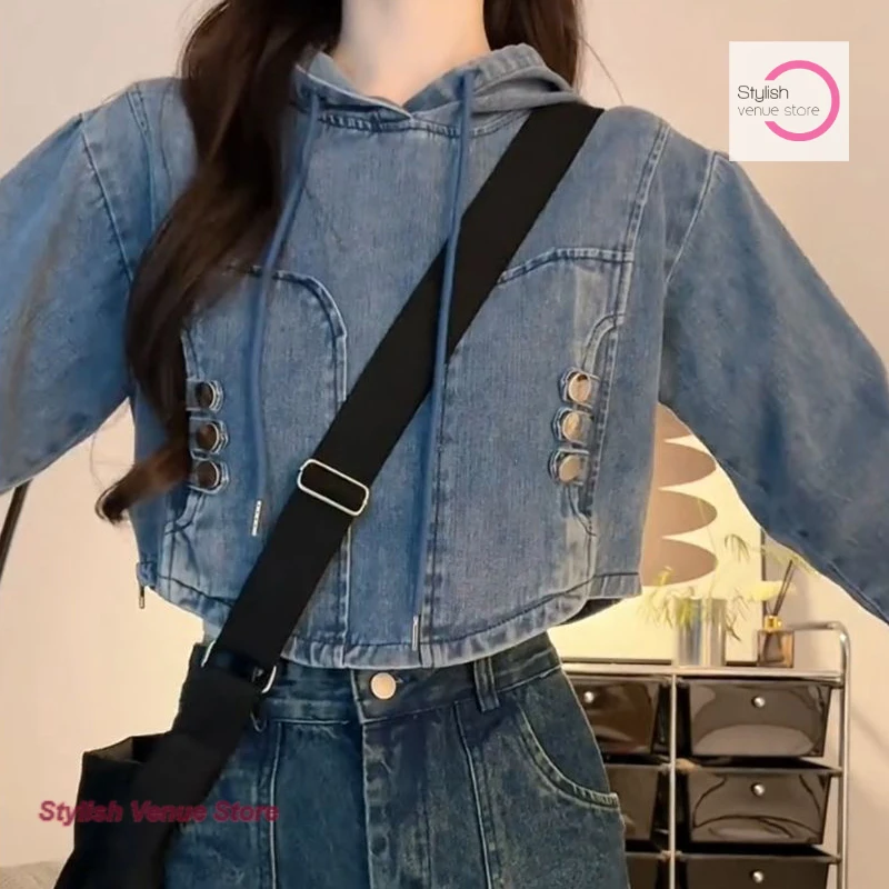 American retro tooling cowboy hooded pullover sweater women's spring and autumn fashion temperament high street short joker top