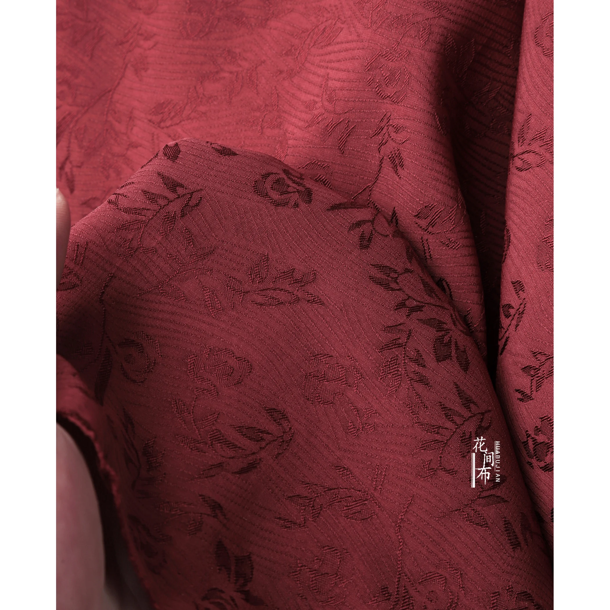 Deep Red Small Branches Floral Jacquard Fabric Embroidered Cheongsam Dress Hanfu Designer Diy Sewing Material Wholesale Cloth