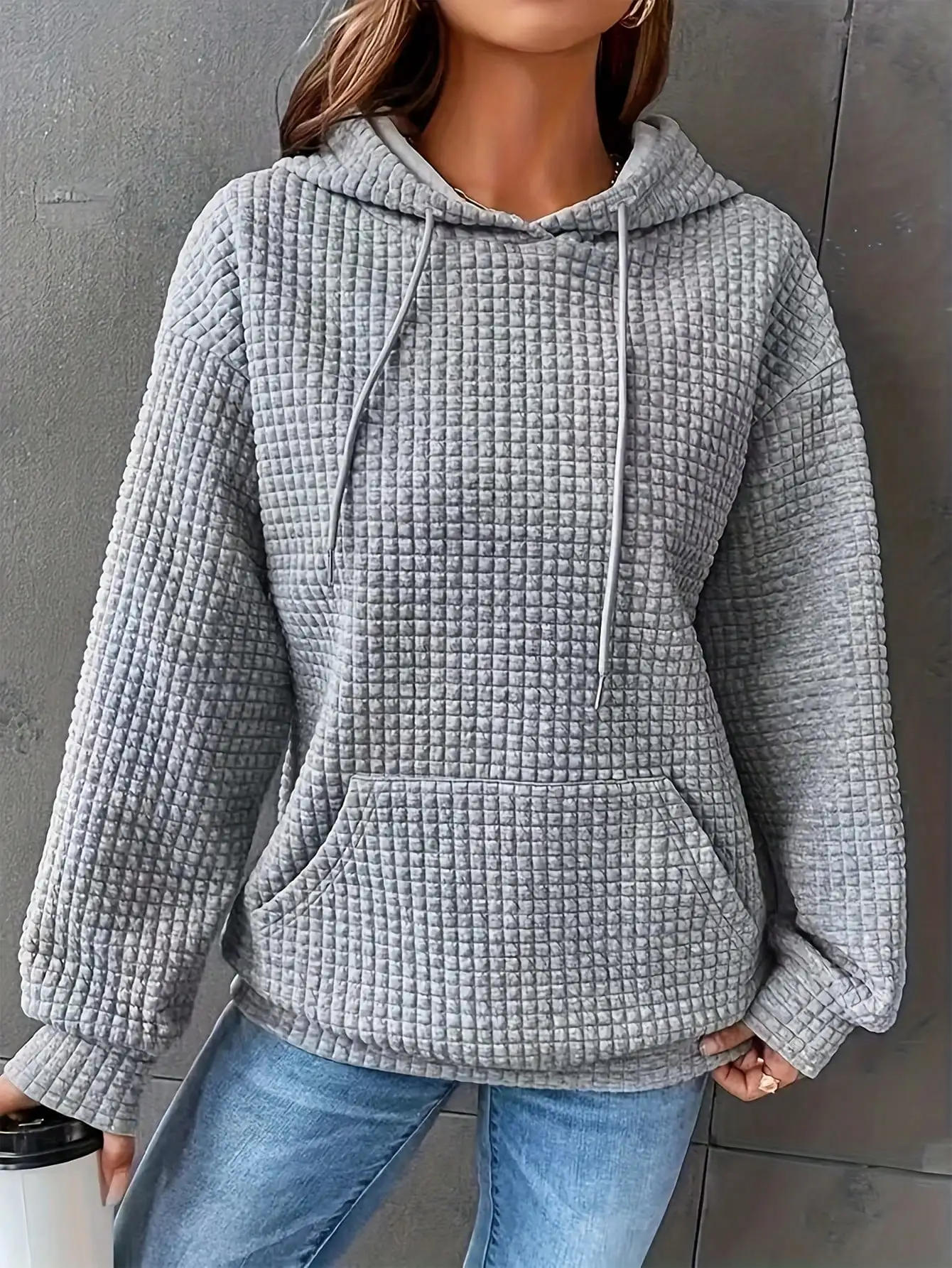 

Gray Loose Fit Waffle Knit Hooded Sweatshirt with Kangaroo Pocket