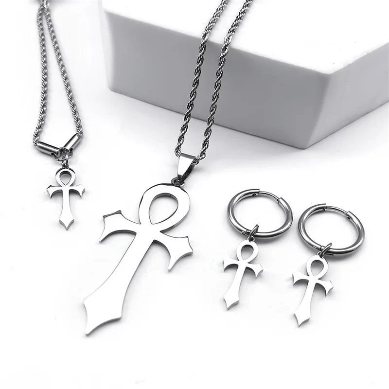 Stainless Steel Jewelry Set Cross Ankh Key of Life Egyptian Necklace Bracelet Ring Earring Egypt Hieroglyphs Crux Ansata Gifts