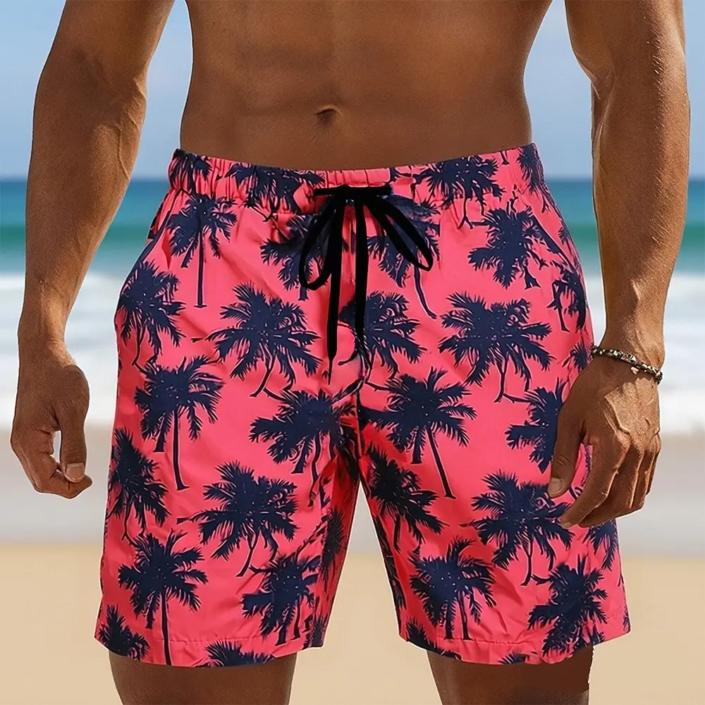 Men's Tropical Print Hawaiian Swim Shorts, Coconut Tree Pattern, Mid Waist Drawstring Board Shorts for Spring & Summer