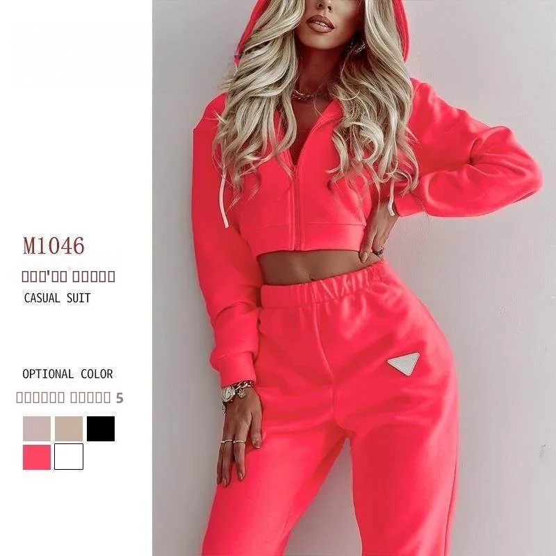 

Casual Long Sve Hoodie Set Women's Zipper ket Pure Color Spring Autumn Trousers Comfortable Breathable Faion Streetwear