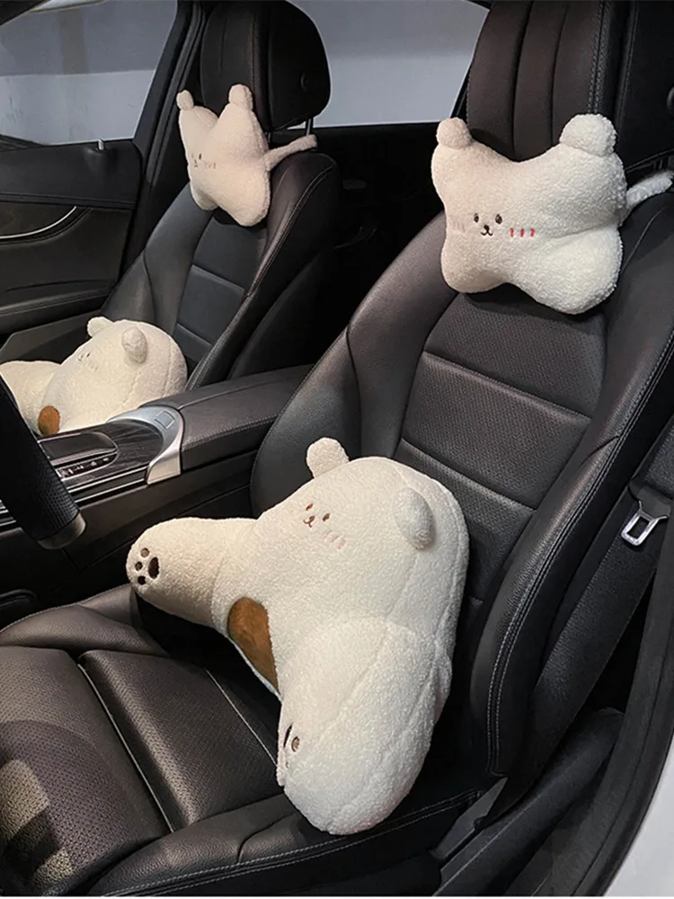 

New Plush Bear Car Headrest Waist Pillow Soft Cartoon Creative Cute Goddess Pillow Car Interior Accessories