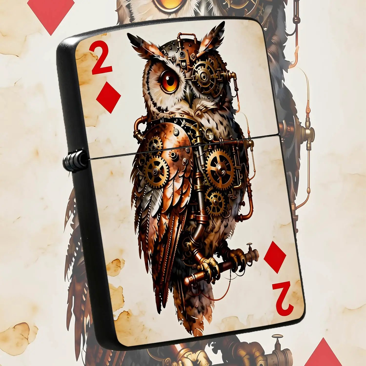 Creative Steampunk Owl 2 Of Diamonds Themed Lighter Vintage Artistic Playing Card Style Decor Unique Trendy Portable Accessory For Daily Use Gifting For Most Occasions A Humorous And Interesting Lighter