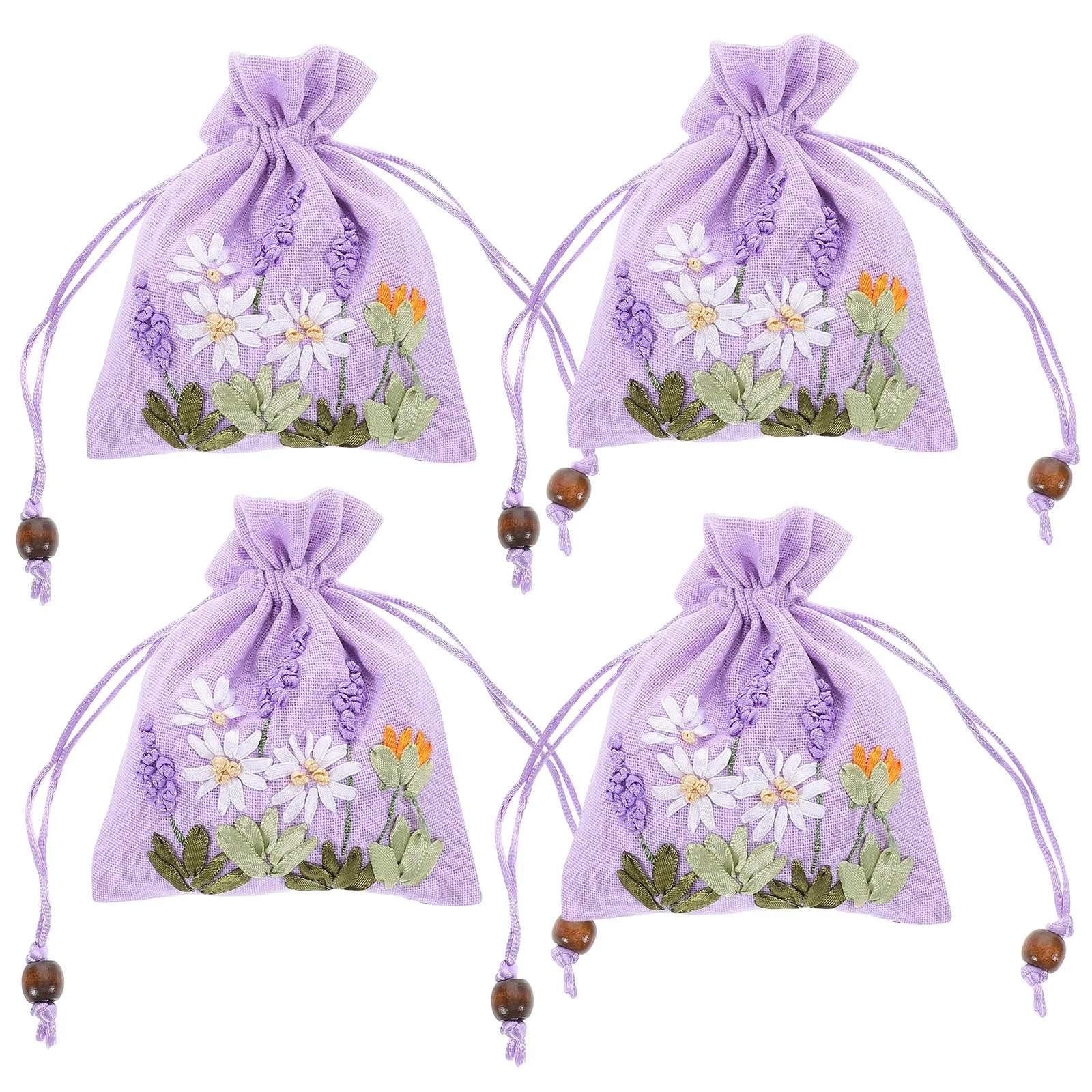 

4Pcs Handmade Cross Stitch Sachet Pouch Linen Brocade Drawstring Bag for Jewelry Storage Gift Wedding Party Favor Organizer