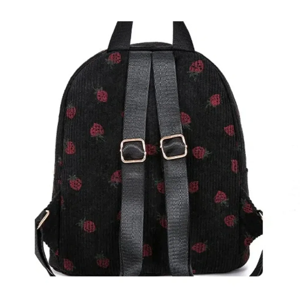 Corduroy Strawberry Backpack Casual Travel Backpack Large Capacity Daily Rucksack Multi-pockets Adjustable Strap for Women Girls