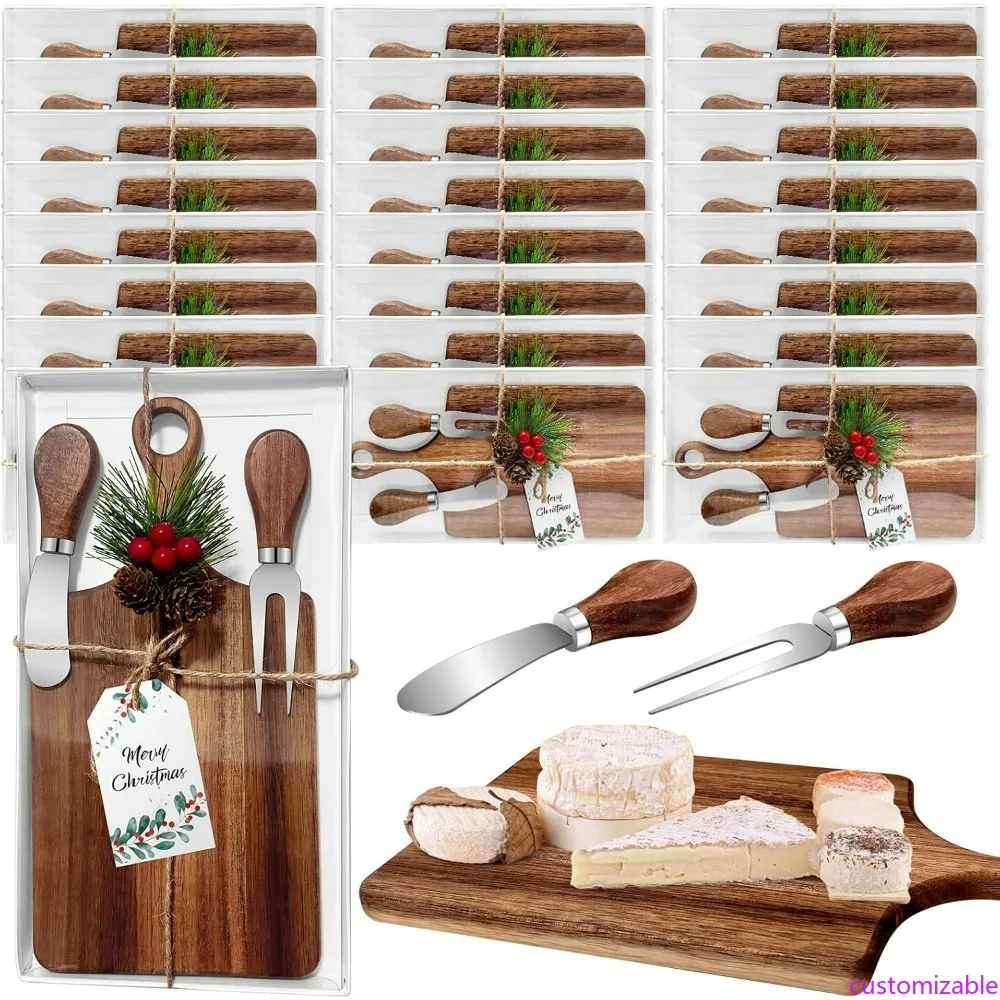 

Christmas 24-Piece Bridal Shower Favor Set: Wooden Square Cheese Board with Cheese Knives and Mini Cutting Boards