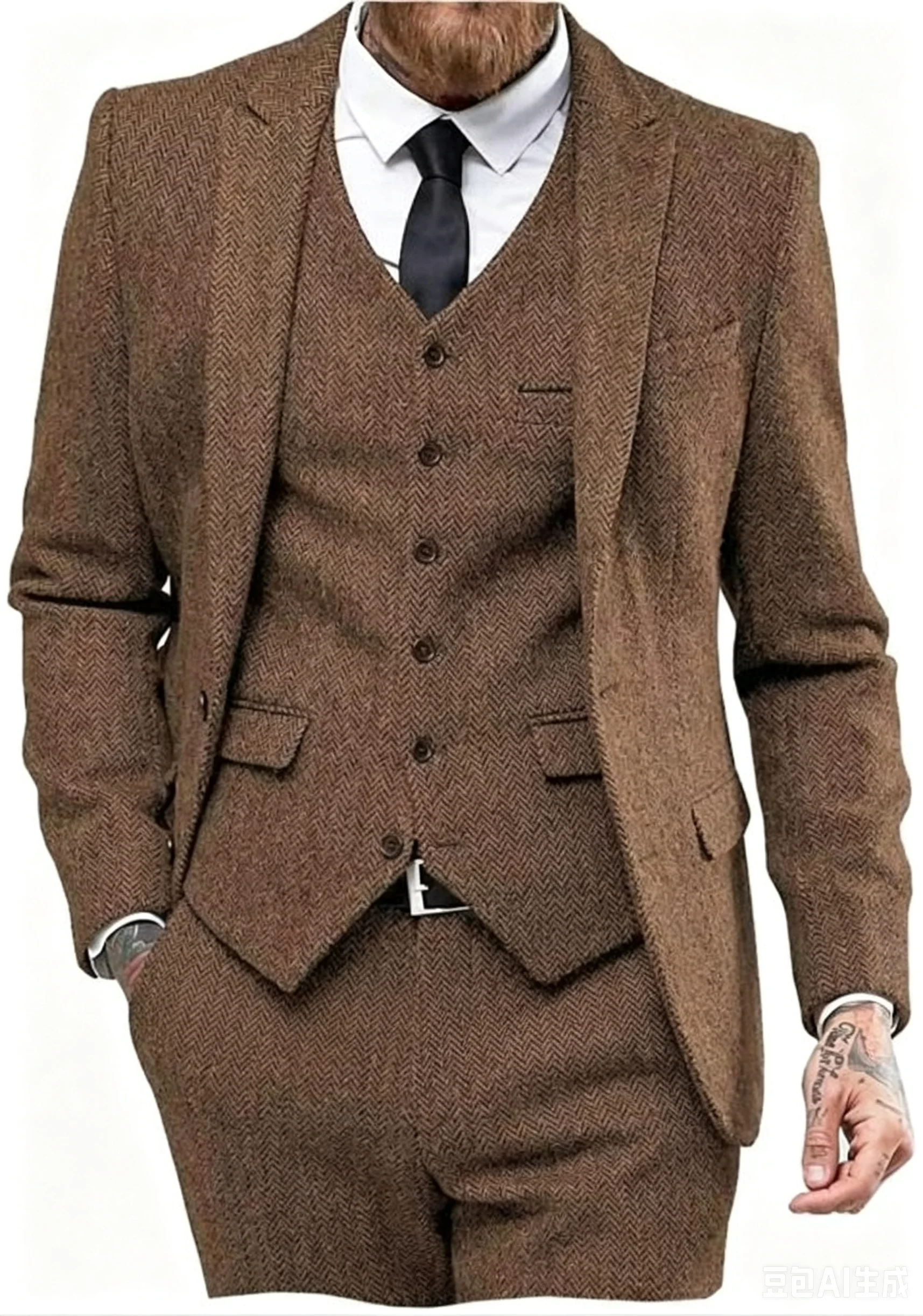 Dark Brown Wool Tweed Winter Suit for Men Herringbone Slim Fit Formal Groom Tuxedo 3 Piece Wedding Male Suits(Jacket+Vest+Pants) view 3